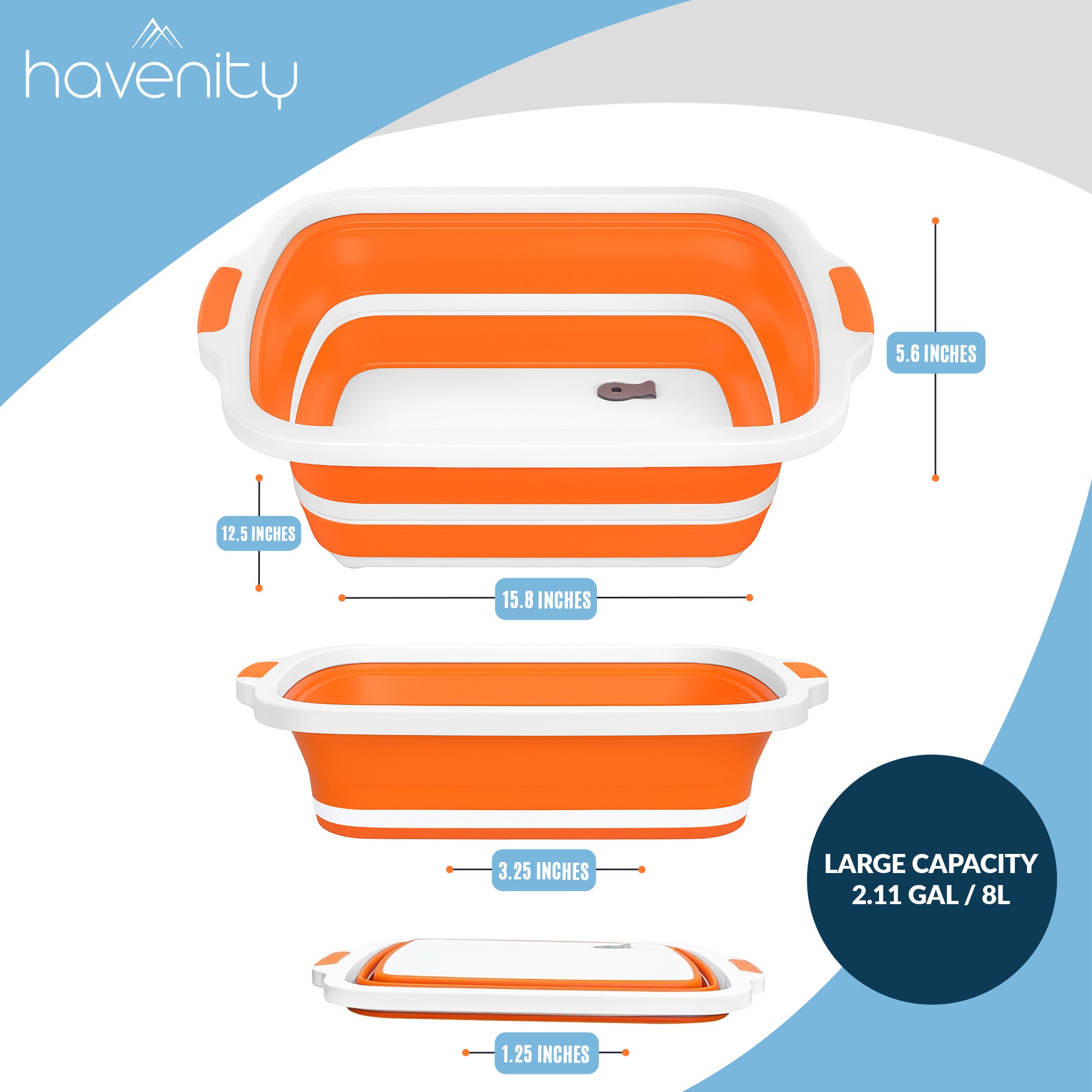 HAVENITY BBQ Prep Tub, 8L,16L Multifunctional Camping Cutting Board with lid, Collapsible Dish Basin for Meal Prep Marinating Food, Collapsible Food Storage Containers