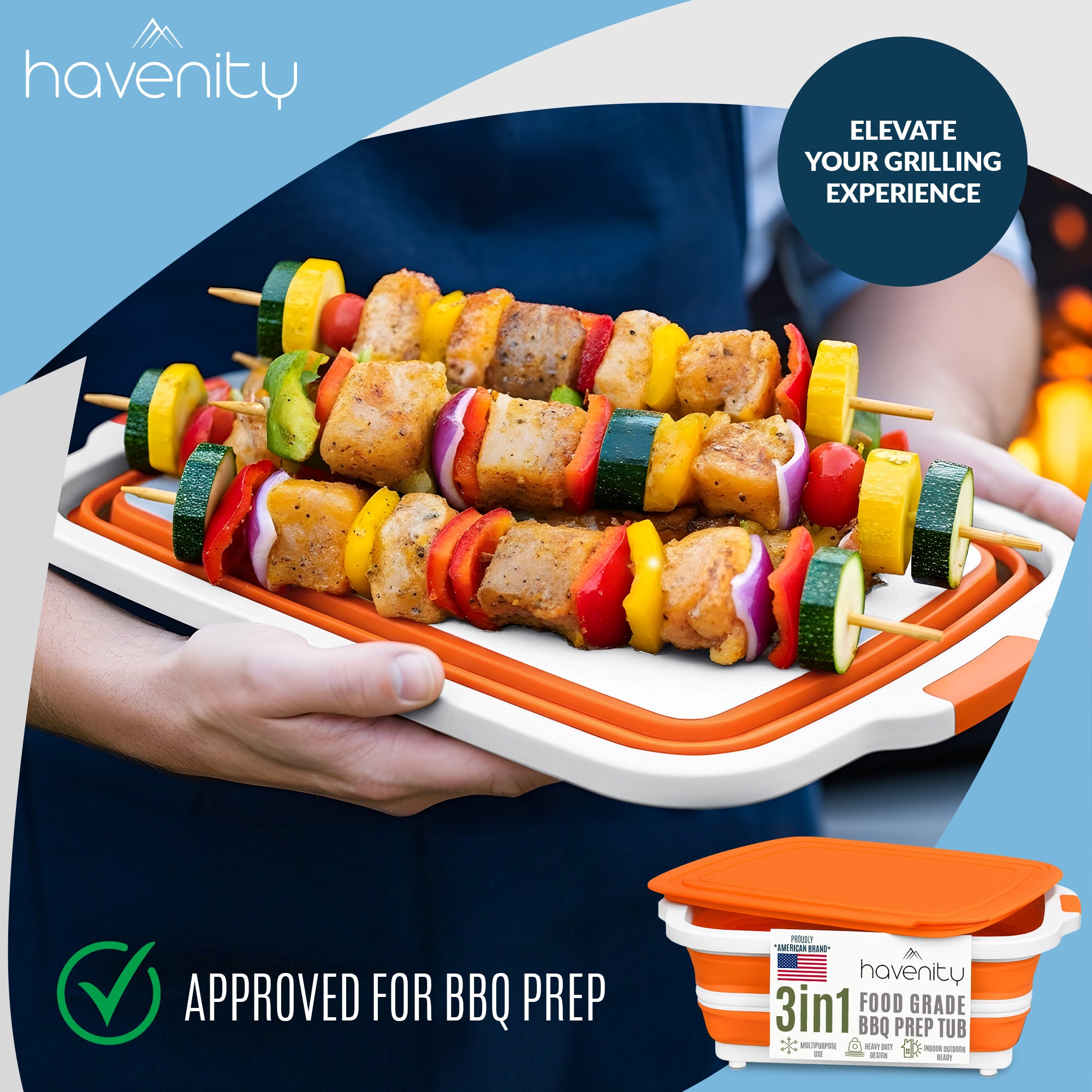 HAVENITY BBQ Prep Tub, 8L,16L Multifunctional Camping Cutting Board with lid, Collapsible Dish Basin for Meal Prep Marinating Food, Collapsible Food Storage Containers