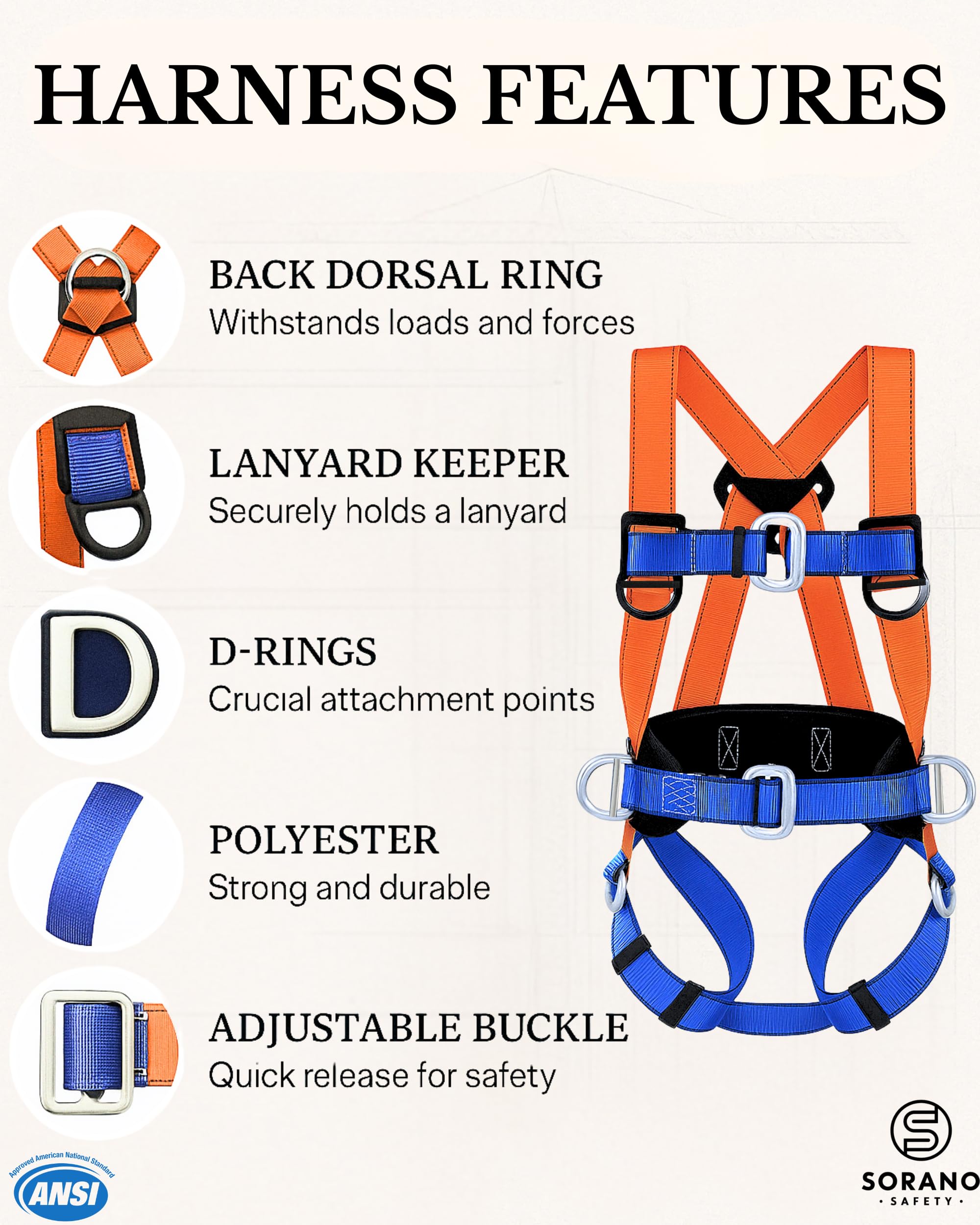 Sorano Safety Harness Fall Protection Kit, Full Body Roofing harnesses with Shock Absorbing Lanyard for Men, Fall Protection Harness for Construction Arneses De Seguridad Para Construcción, OSHA/ANSI