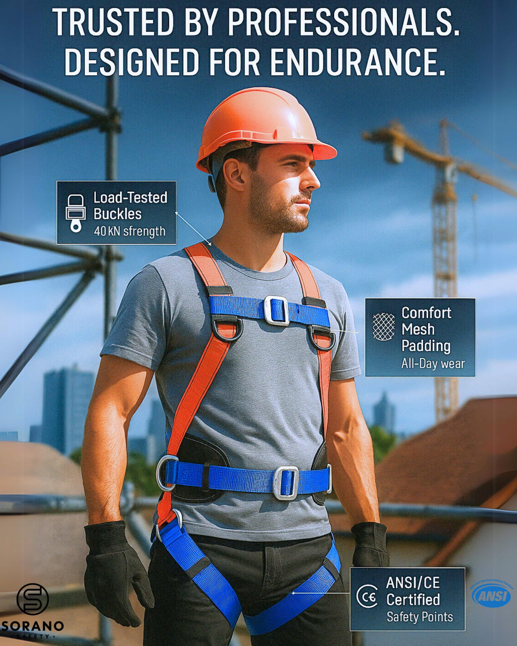 Sorano Safety Harness Fall Protection Kit, Full Body Roofing harnesses with Shock Absorbing Lanyard for Men, Fall Protection Harness for Construction Arneses De Seguridad Para Construcción, OSHA/ANSI