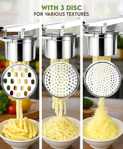 Large 15oz Potato Ricer With 3 Discs, Heavy Duty Stainless Steel Ricer for Mashed Potatoes - Mashed Potato Masher, Baby Food Masher, Durable Kitchen Tool, Potato Press, Easy to Use Kitchen Gadget