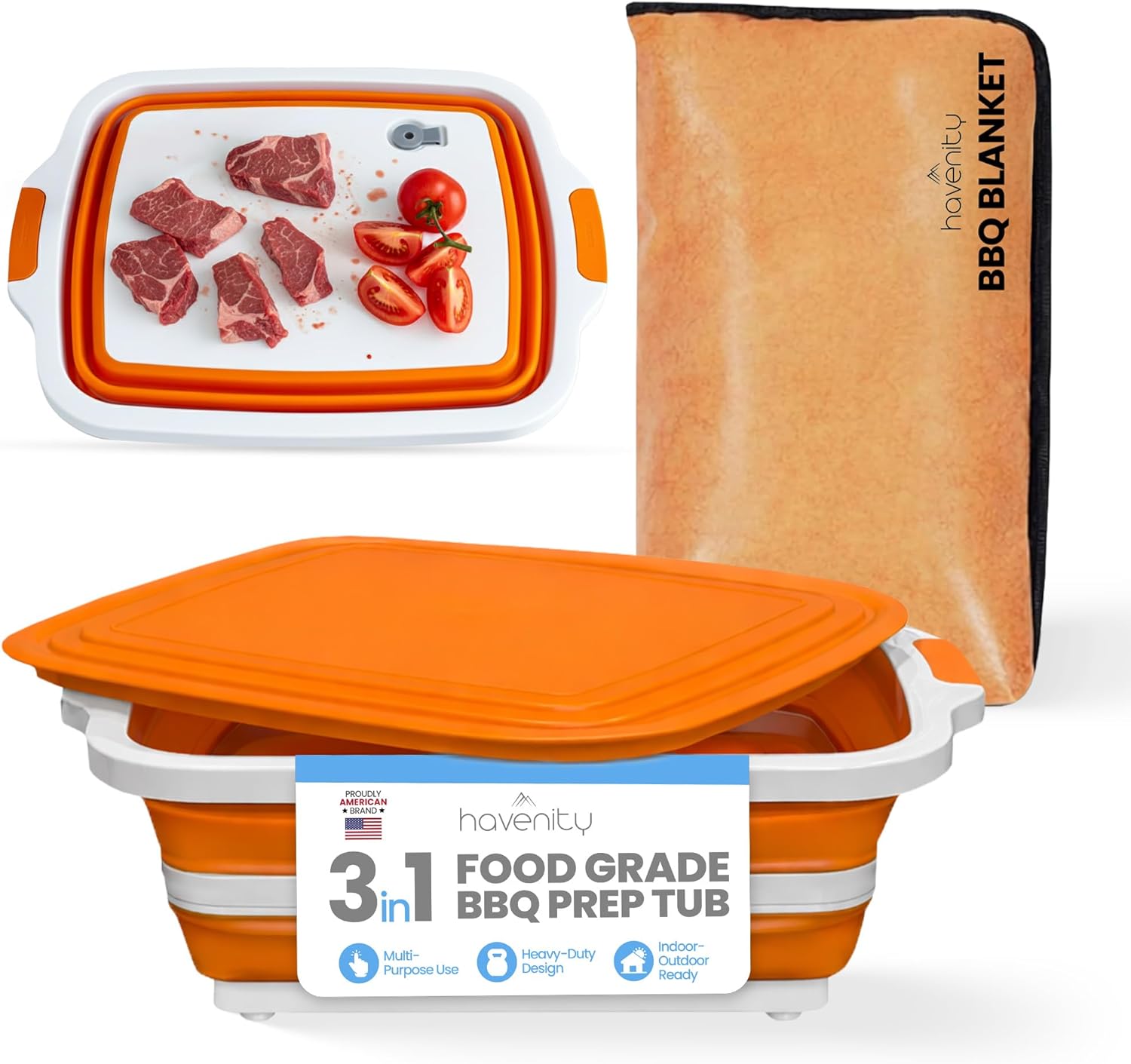 BBQ Prep Tub with BBQ Blanket and 8L, 16L Multifunctional Camping Cutting Board with Locking Lid, Reusable Meat Resting Bag for Smoking, Collapsible Dish Basin for Marinating Food, Grilling & Outdoor Cooking