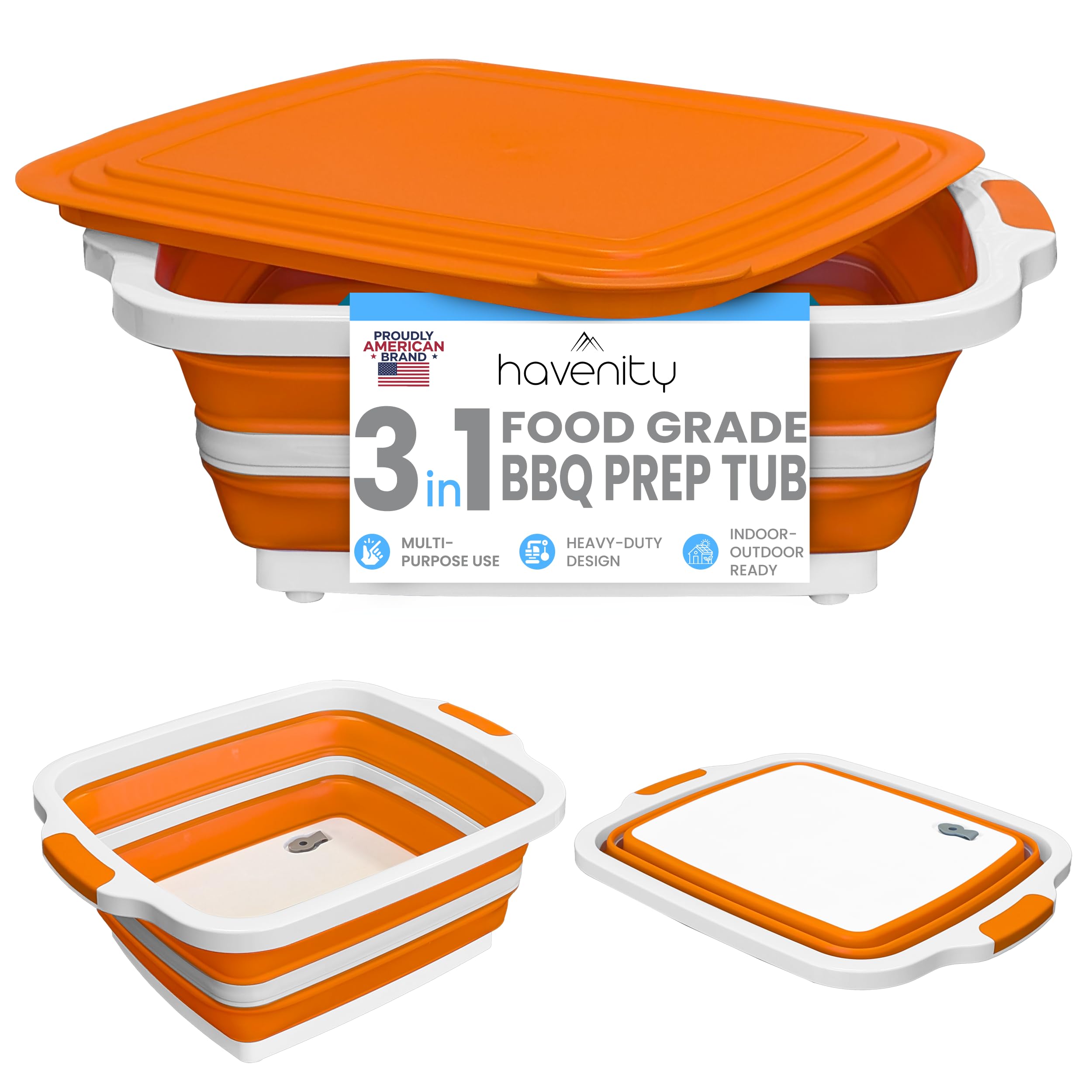 HAVENITY BBQ Prep Tub, 16L Multifunctional Camping Cutting Board with lid, Collapsible Dish Basin for Meal Prep Marinating Food, Collapsible Food Storage Containers