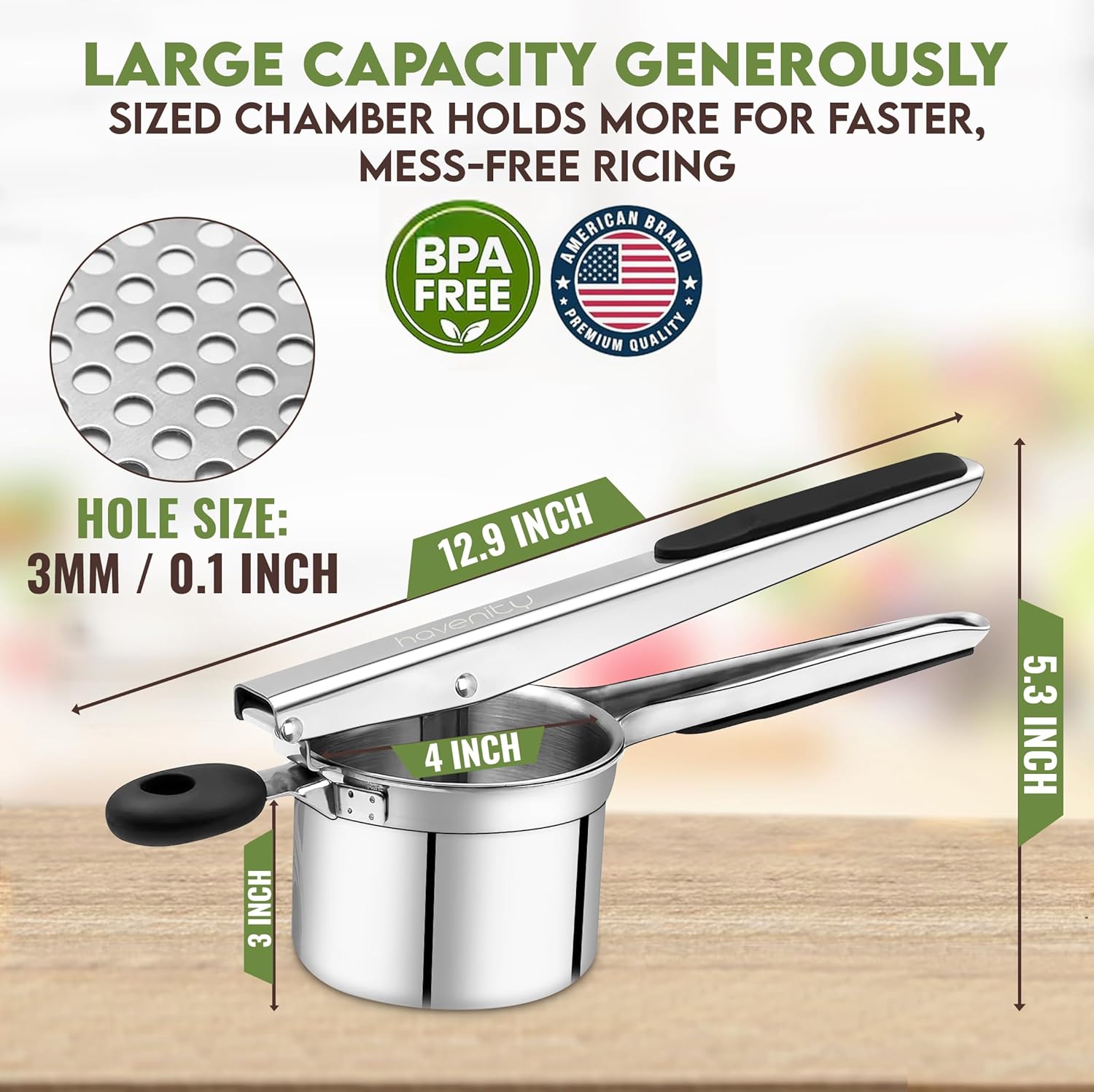 Large 15oz Potato Ricer With 3 Discs, Heavy Duty Stainless Steel Ricer for Mashed Potatoes - Mashed Potato Masher, Baby Food Masher, Durable Kitchen Tool, Potato Press, Easy to Use Kitchen Gadget