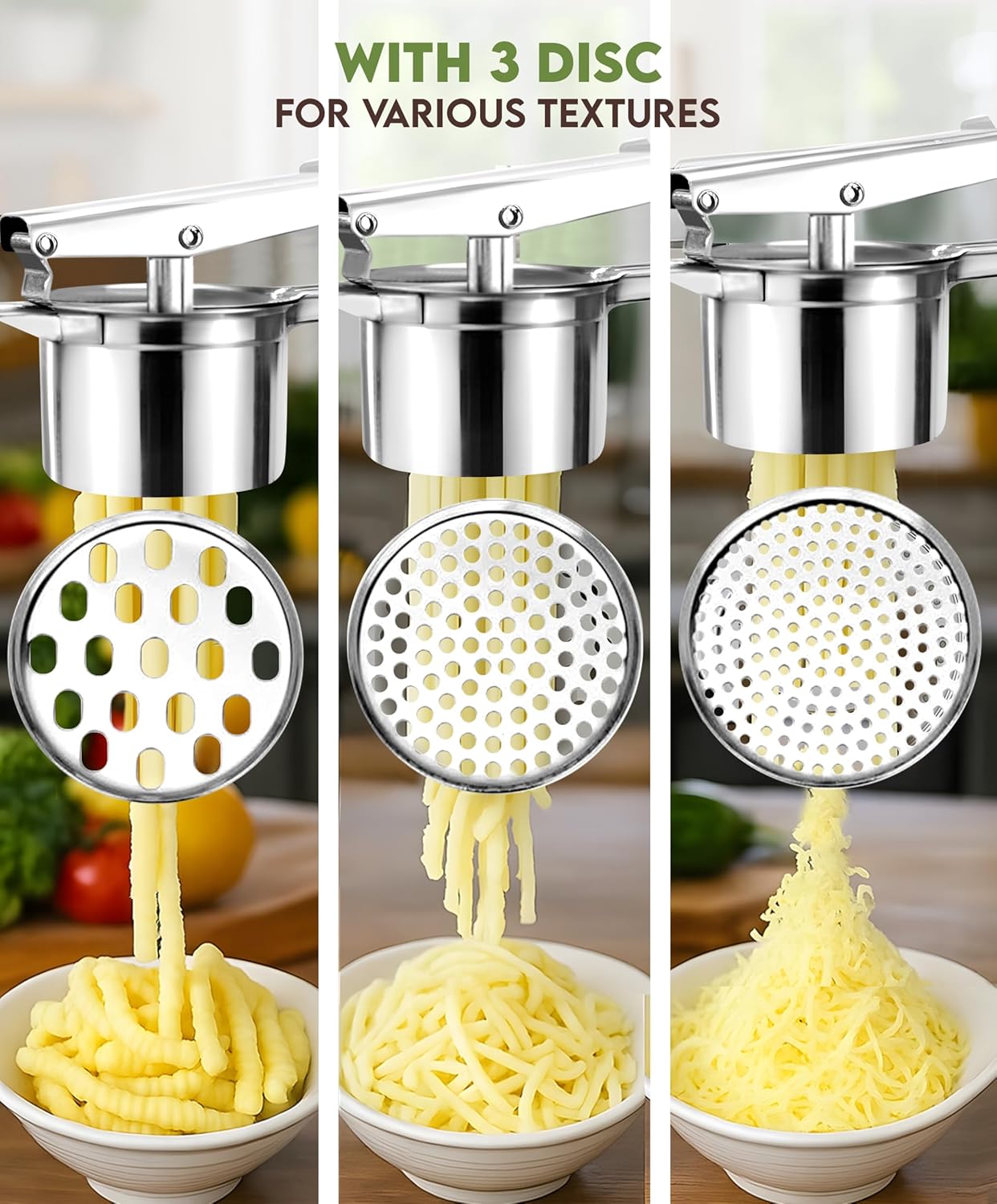 Large 15oz Potato Ricer With 3 Discs, Heavy Duty Stainless Steel Ricer for Mashed Potatoes - Mashed Potato Masher, Baby Food Masher, Durable Kitchen Tool, Potato Press, Easy to Use Kitchen Gadget