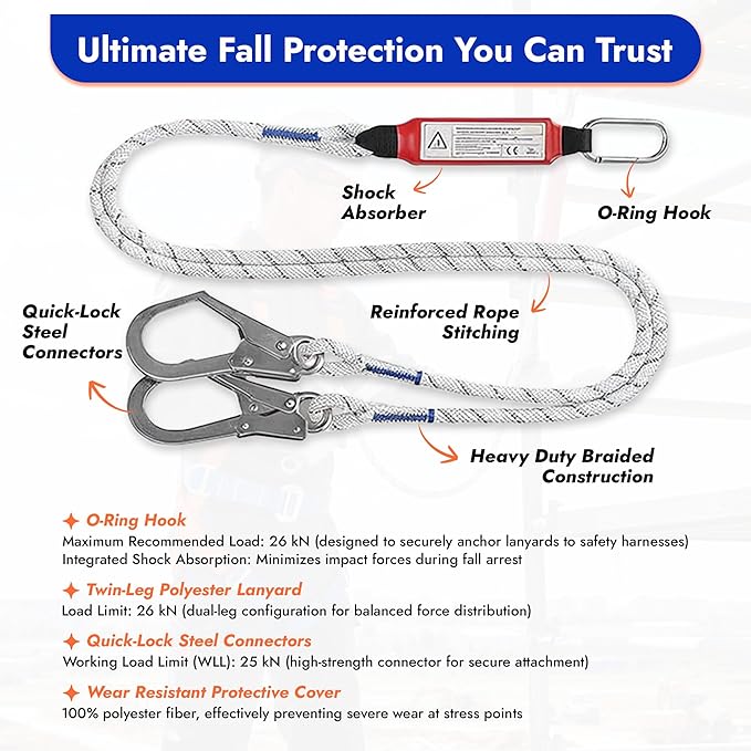 Sorano Safety Harness Fall Protection Kit, Full Body Roofing harnesses with Shock Absorbing Lanyard for Men, Fall Protection Harness for Construction Arneses De Seguridad Para Construcción, OSHA/ANSI