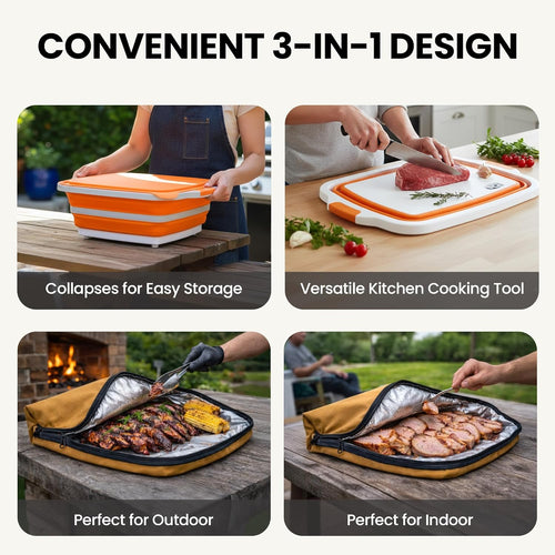 BBQ Prep Tub with BBQ Blanket and 8L, 16L Multifunctional Camping Cutting Board with Locking Lid, Reusable Meat Resting Bag for Smoking, Collapsible Dish Basin for Marinating Food, Grilling & Outdoor Cooking