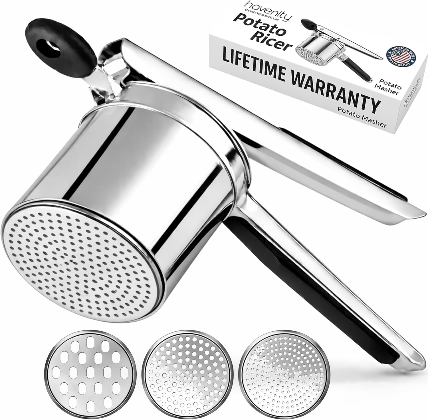 Large 15oz Potato Ricer With 3 Discs, Heavy Duty Stainless Steel Ricer for Mashed Potatoes - Mashed Potato Masher, Baby Food Masher, Durable Kitchen Tool, Potato Press, Easy to Use Kitchen Gadget