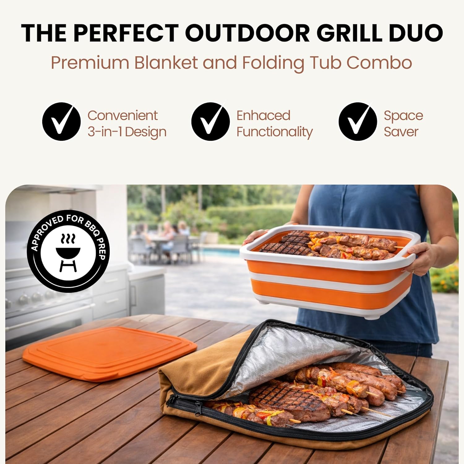 BBQ Prep Tub with BBQ Blanket and 8L, 16L Multifunctional Camping Cutting Board with Locking Lid, Reusable Meat Resting Bag for Smoking, Collapsible Dish Basin for Marinating Food, Grilling & Outdoor Cooking