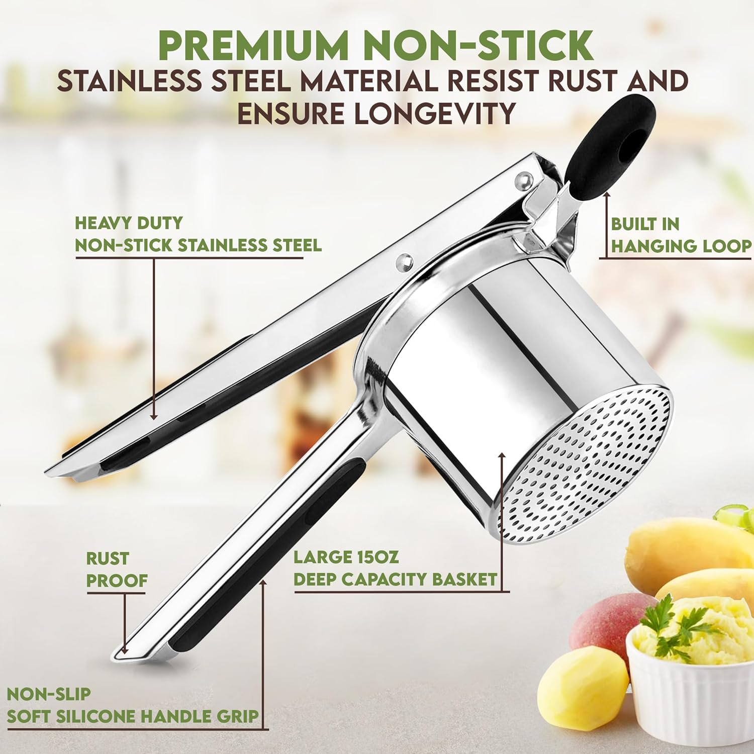 Large 15oz Potato Ricer With 3 Discs, Heavy Duty Stainless Steel Ricer for Mashed Potatoes - Mashed Potato Masher, Baby Food Masher, Durable Kitchen Tool, Potato Press, Easy to Use Kitchen Gadget