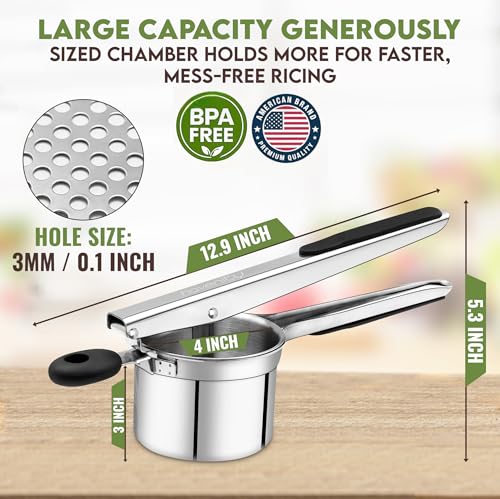 Large 15oz Potato Ricer With 3 Discs, Heavy Duty Stainless Steel Ricer for Mashed Potatoes - Mashed Potato Masher, Baby Food Masher, Durable Kitchen Tool, Potato Press, Easy to Use Kitchen Gadget