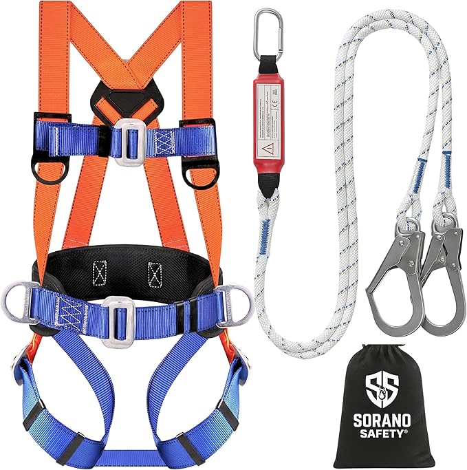Sorano Safety Harness Fall Protection Kit, Full Body Roofing harnesses with Shock Absorbing Lanyard for Men, Fall Protection Harness for Construction Arneses De Seguridad Para Construcción, OSHA/ANSI