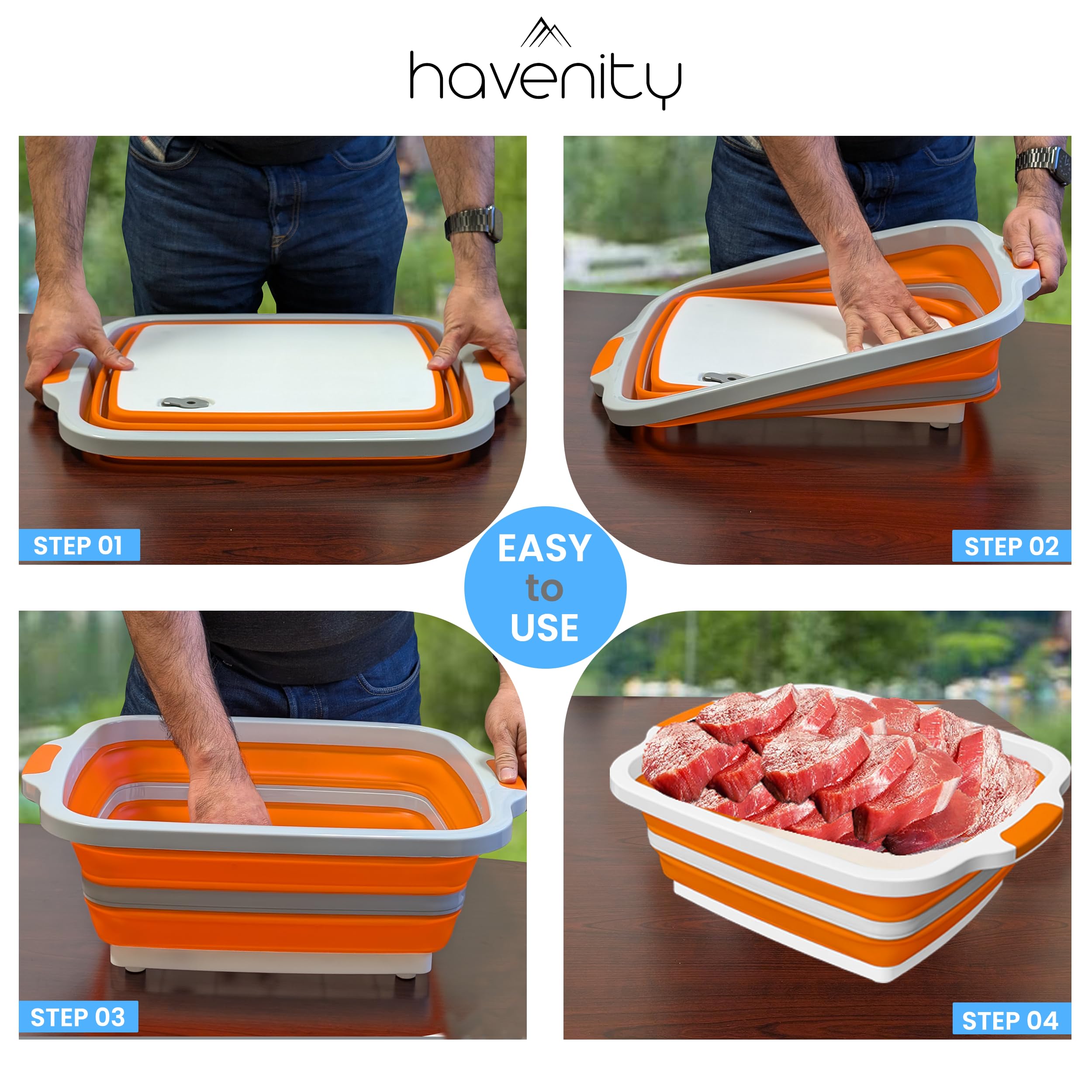 HAVENITY BBQ Prep Tub, 16L Multifunctional Camping Cutting Board with lid, Collapsible Dish Basin for Meal Prep Marinating Food, Collapsible Food Storage Containers