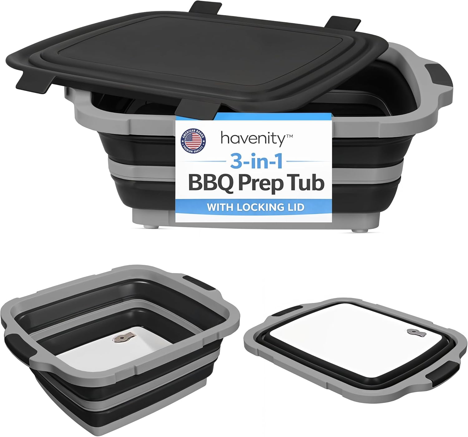 HAVENITY BBQ Prep Tub, 8L,16L Multifunctional Camping Cutting Board with lid, Collapsible Dish Basin for Meal Prep Marinating Food, Collapsible Food Storage Containers