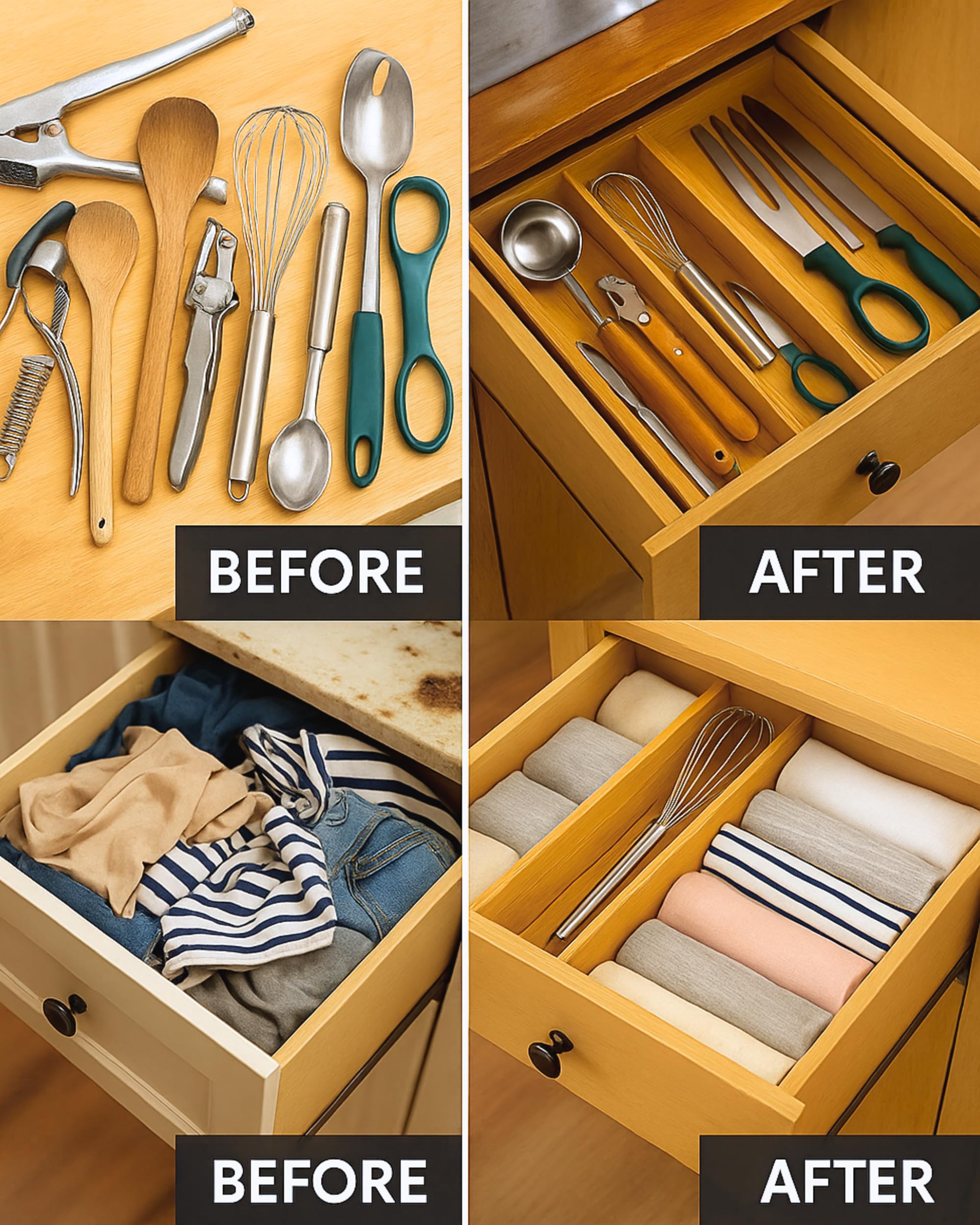 Havenity Drawer Divider, 4 PCS Bamboo Drawer Dividers Organizers, Adjustable Drawer Dividers for Clothes, Kitchen Drawer Divider, Dresser Drawer Divider, Expandable Drawer Divider