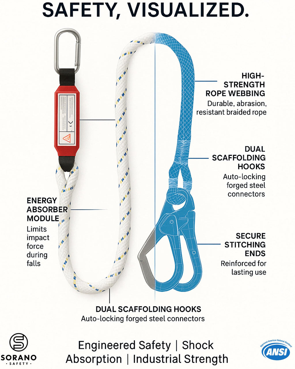 Sorano Safety Harness Fall Protection Kit, Full Body Roofing harnesses with Shock Absorbing Lanyard for Men, Fall Protection Harness for Construction Arneses De Seguridad Para Construcción, OSHA/ANSI