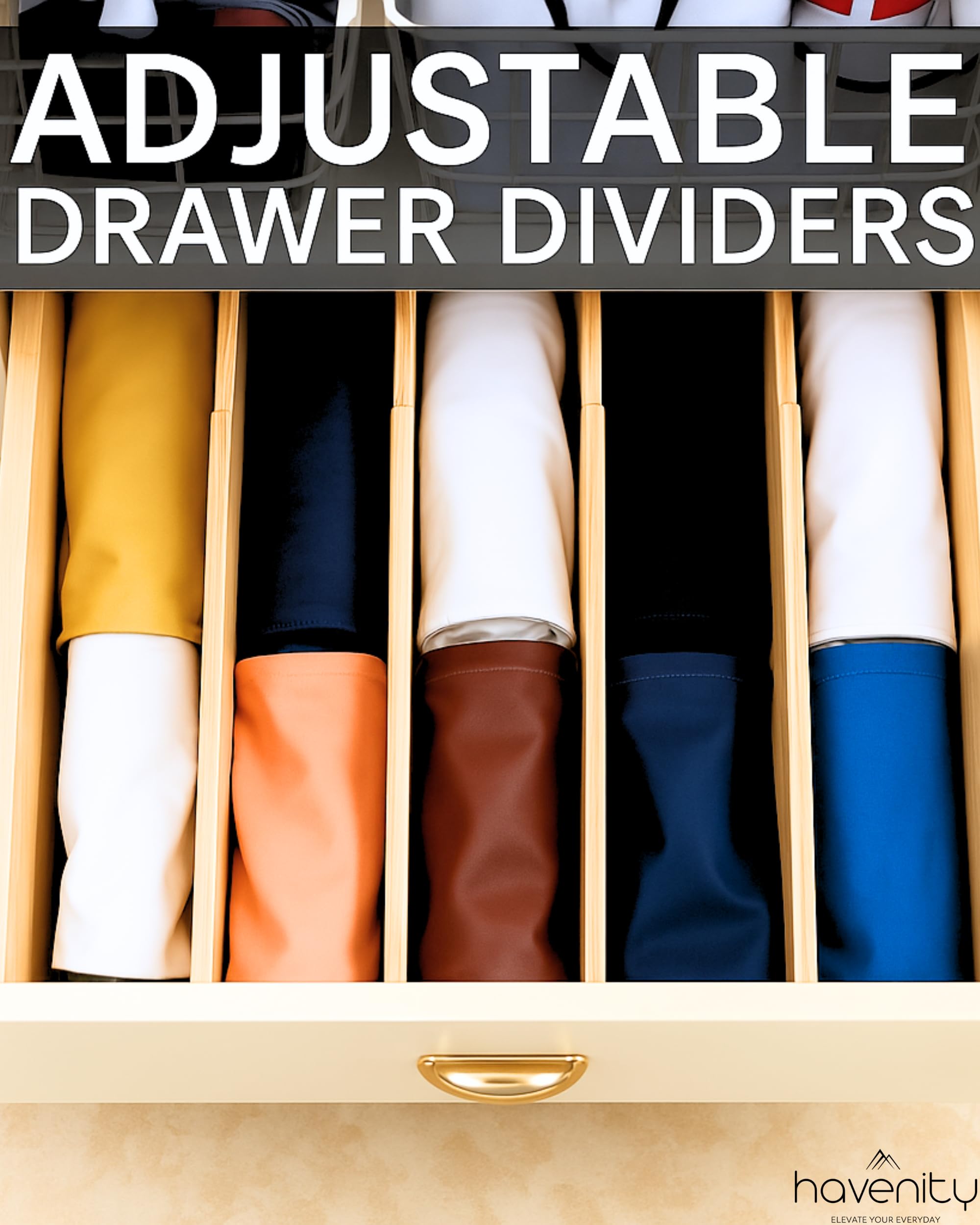 Havenity Drawer Divider, 4 PCS Bamboo Drawer Dividers Organizers, Adjustable Drawer Dividers for Clothes, Kitchen Drawer Divider, Dresser Drawer Divider, Expandable Drawer Divider